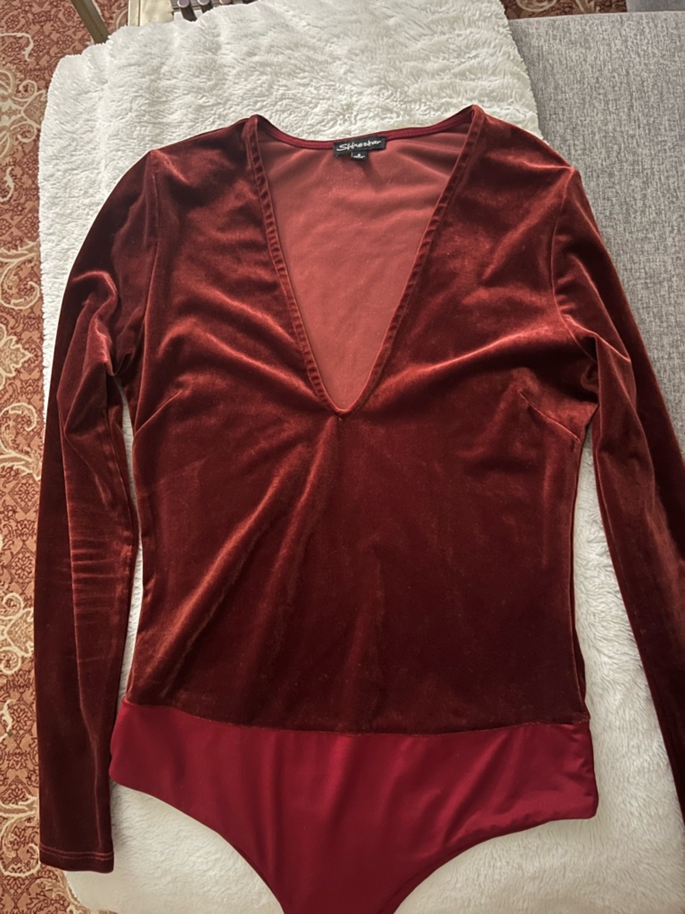 Shinestar Burgundy Velvet Long-Sleeve V-Neck Bodysuit